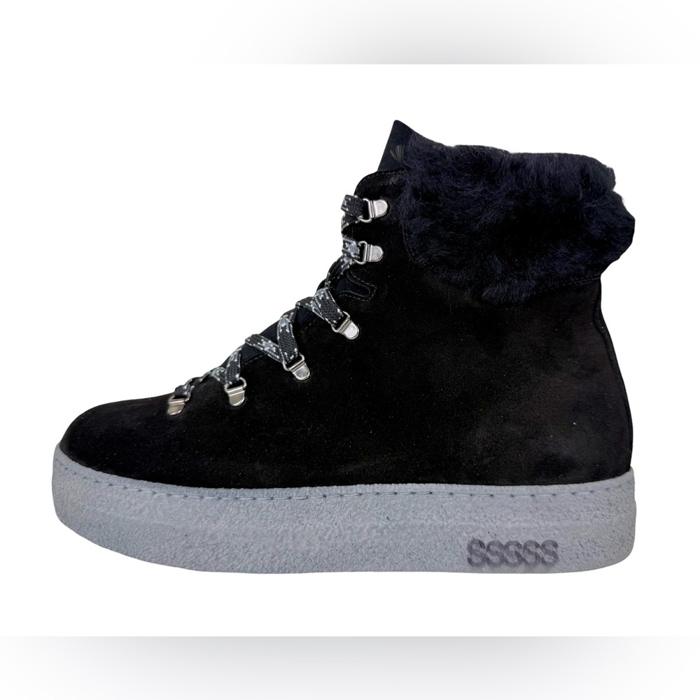 NIB OFFICINE FIORENTINE HI-TOP SNEAKER BOOTS IN BLACK SUEDE AND SHEARLING